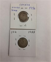 CANADIAN SILVER DIMES - 1928 & 1936