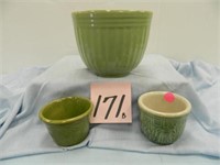 Green Pottery Bowl & 2 Pottery Custards