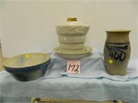 4 Stoneware Pieces - Bowl, Crock & Chicken -