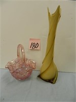 Pink Depression Glass Basket & Amber Vase