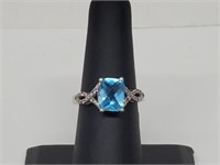 .925 Sterling Silver Aquamarine/Diamond Ring