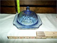 Blue Depression Glass Covered Butter Dish