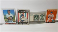 (3) baseball cards, (2) stamps