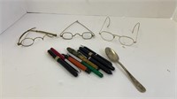 Collectable pens, (1) spoon, and eyeglasses (one