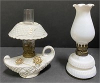 Small Pair of White Glass Oil Lamps