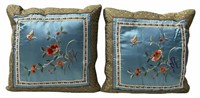 Pair of Blue Silk Floral Pillows