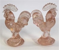 Pair pink glass rooster figures