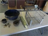 Enamel pan, Polly, wire milk crate, more