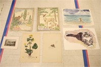 Lot of Vintage Embroidery, Watercolors, & Lithos