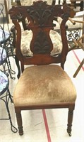 19th Century Carved Back Upholstered Chair As Is