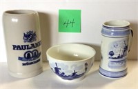 1 Germany pottery stein+ 2- Delft mug+ bowl