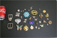 Lot of Assorted Costume Pins, Charms, & Buckles