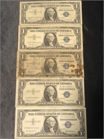 5- Washington one dollar silver certificates