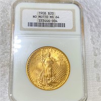 1908 $20 Gold Double Eagle NGC - MS64 NO MOTTO