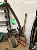 24" scythe Blade,4  sickles,ice tongs,wood pulley