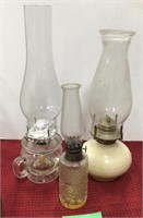 3 oil lanterns 1- miniture sized 1-w/ mug handle