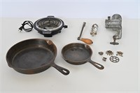 Vintage Cast Iron Skillets, Meat Grinder