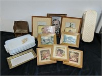Group of frames, framed pictures, snack trays,