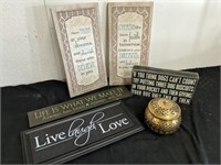 Group of cute inspirational decor signs and brass