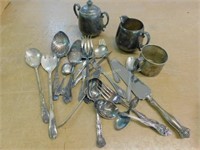 silver plate utensils, creamer & sugar