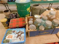 misc canning jars, 2 kids lunch buckets, pottery