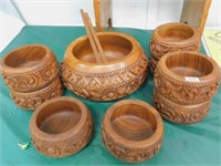 ornately carved salad bowl & 8 small bowls