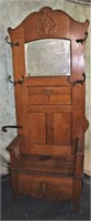 ANTIQUE OAK 7FT HALL TREE WITH MIRROR & SEAT