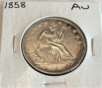 1858 AU Grade Seated Liberty Half Dollar