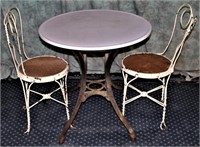 VINTAGE CAST IRON MARBLE TOP TABLE 2 METAL CHAIRS