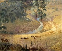 Ian Hassell Painting of Cows at River.