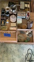 Coffee grinder, Antique tins and more