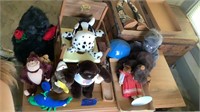 Stuffed animals, potty chair, porcelain doll and