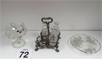 Glass & Sterling Dishes & Silver Tray w/ 3 Bottles