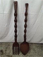 Large Carved Wood Spoon and Fork