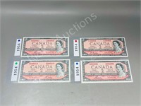 4 Canadian 1954  $2.00 bills - crips , in sleeves