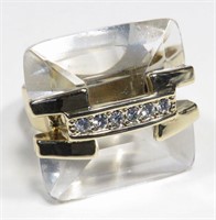 Sz 6 Gold Tone Rhinstone Lucite Cocktail Ring