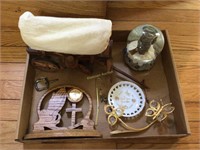 Snow globe, wagon, praying hands clock, mini plate