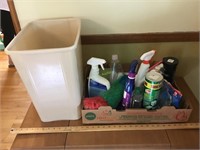 Garbage can and cleaning supplies
