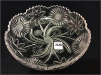 Round Cut Glass Bowl w/ Ornate Flowers