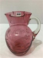 Cranberry Glass Pitcher w/ Etched Floral Design