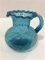 Blue Glass Ruffled Edge Pitcher (8 Inches Tall)