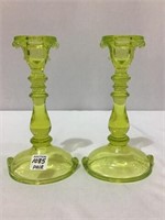Pair of Matching Vaseline Glass Candle Sticks