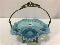 Blue Opalescent Ruffled Edge Bride's Basket