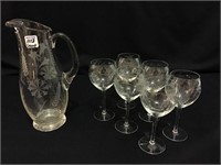 Group Including Etched 11 Inch Tall Pitcher &