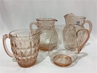 Lot of 4 Various Pink Depression Glass Pitchers