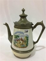 Antique Porcelain Castle Painted Pewter Coffee Pot