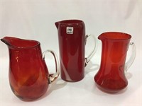 Lot of 3 Various Red Glass Pitchers
