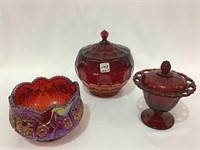 Lot of 3 Red Glassware Pieces Including Sm.