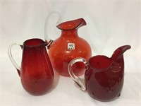 Lot of 3 Various Red Glass Pitchers-Some w/
