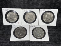 LOT OF 5 KENNEDY 1/2 DOLLARS - 1964, 1776-1976,